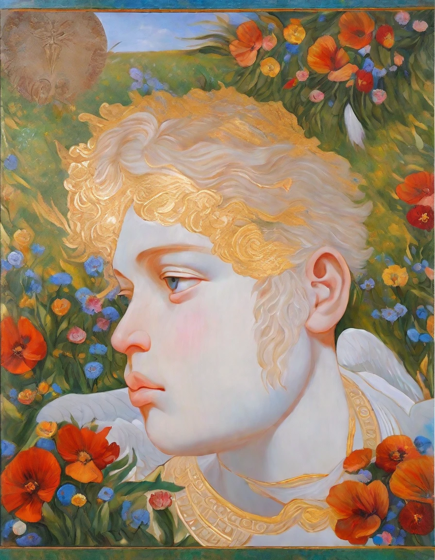  angel lying on the lawn with flowers covering him, oil painting, greek style 