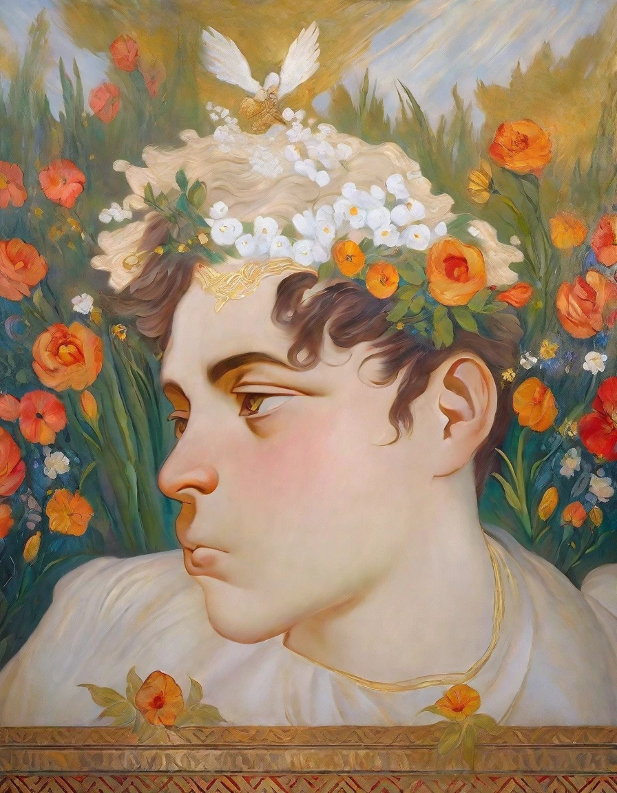 angel lying on the lawn with flowers covering him, oil painting, greek style