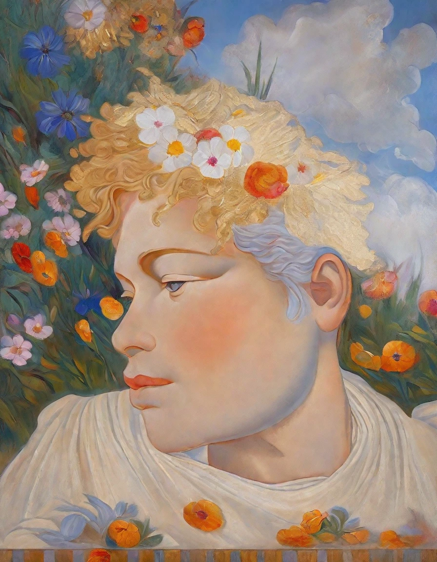  angel lying on the lawn with flowers covering him, oil painting, greek style 