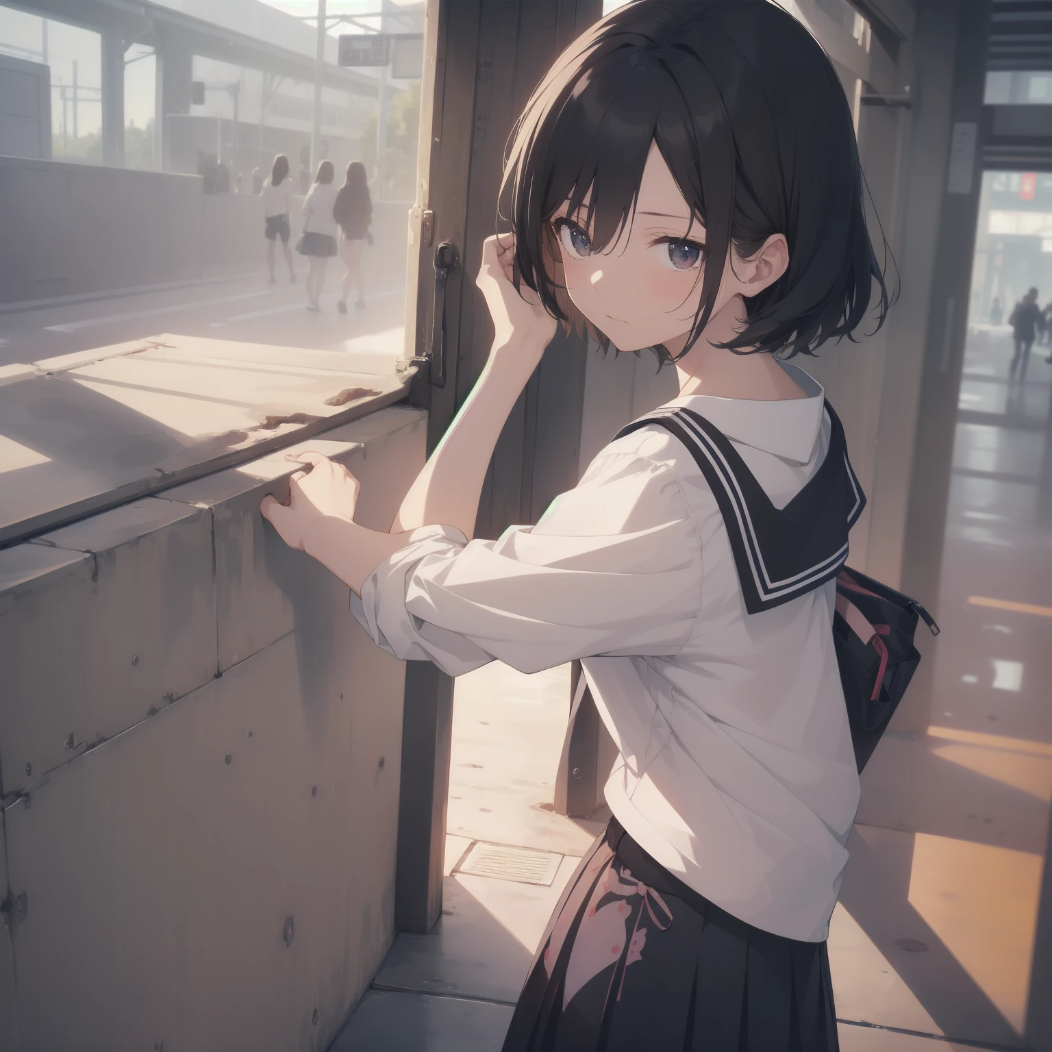 ultra-absurdres-Top quality by artist God, ultra-detailed, high resolution, anime moe artstyle, best anime 8k konachan wallpaper, pixiv contest winner, pool:2810, perfect anatomy,break, 1girl, (Please draw a girl walking sleepily to school alone. )break,(Solo,little female, 13-year-old:1.3),Full limbs, complete fingers,a junior high school student, (very short hair), short cut, flat chest, , small butt, small black eyes, beautiful detailed eyes, well-proportioned iris and pupils, expressive eyes, highres detailed hair, soft expression, salor school_uniform, sailor collar, serahuku, bow, pleated skirt,(Detailed Lighting), (Detailed background), in the School commute route. break,super detailed skin, Best cinematic lighting powered by famous artist, 8k,beauty illustration,photoshop_(medium),very aesthetic,break,((artist:mizuki_makoto )), artist:clamp ,artist:carnelian ,artist:kantoku ,