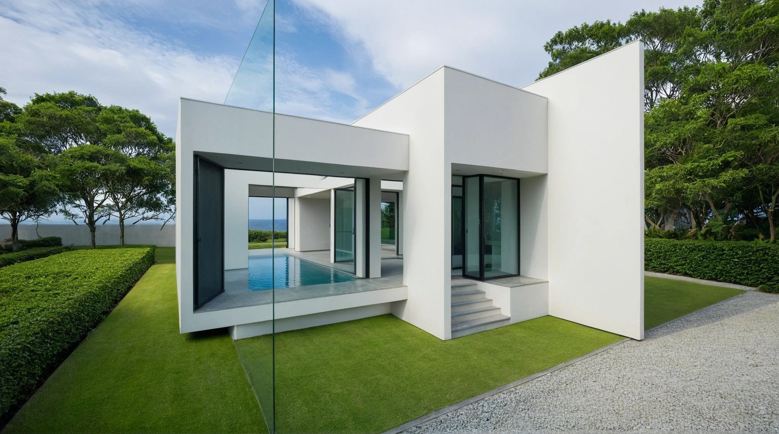 A wide angle shot shows the front view of a contemporary one-story villa with white walls and glass windows, design by Tadao ando,surrounded by lush greenery. It features an outdoor pool area overlooking the ocean at natural light. Stone pathways lead to multiple pools within the yard, adorned with vibrant tropical plants,architecture photography award, iwan baan, Taken on a Canon EOS R5 using a Canon RF 24-70mm f/2.8L IS USM lens at an F3.2 aperture setting in the style of Canon --ar 16:9 --c 5 --s 50 --v 6.0