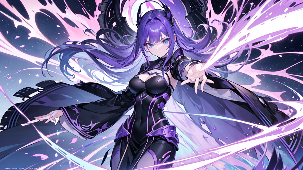 Nara Vor EndField now has long, flowing purple hair that reaches her waist, maintaining her piercing blue eyes that reflect intelligence and sharpness. She continues to wear a wide, full-length black dress with a high collar, adding a touch of elegance. Her serious and focused expression suggests determination and readiness for a challenge. The abstract, glowing background enhances the mysterious and dramatic aura surrounding her, emphasizing her strong and charismatic presence.