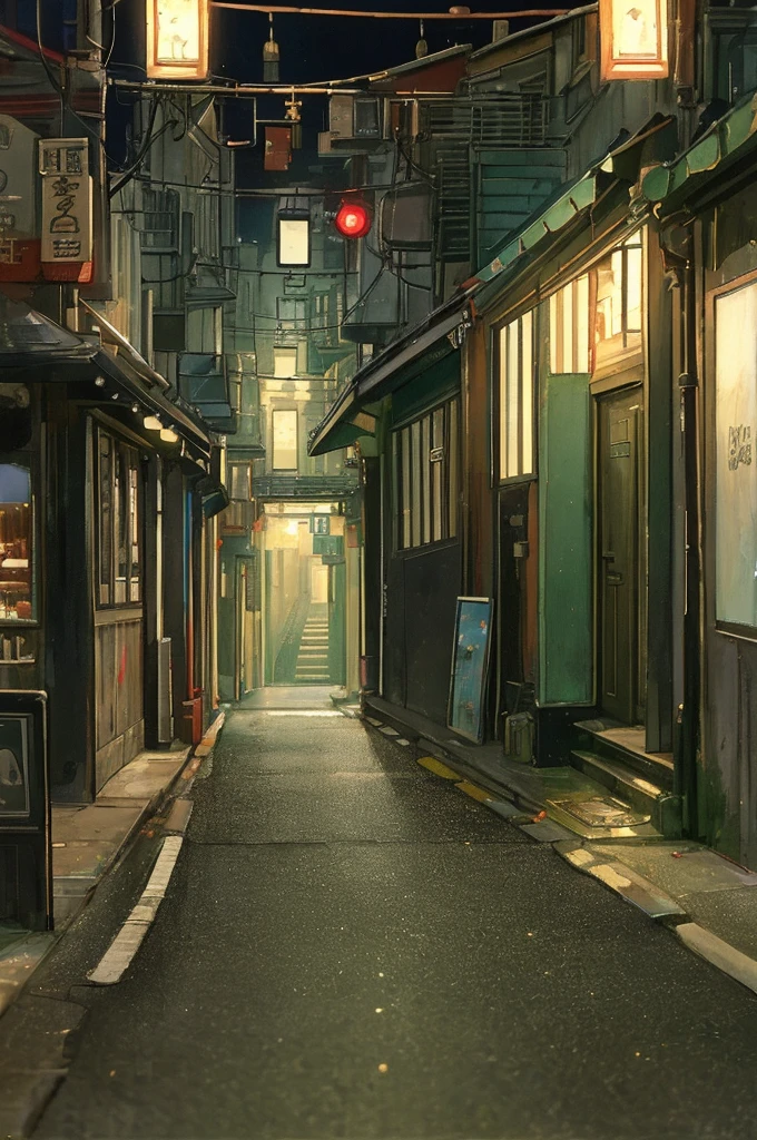 (masterpiece、Highest quality、Highest quality、Official Art、Beautiful and aesthetic:1.2)、Near future、Blade Runner、Slum Street、Late at night、Lo-fi Hip Hop、Cafe with small lights、Residential Street、silence、It's raining a little、人いない景色anime background, anime wallpaper, anime, anime style, praise, praise style, Modern Japanese streets, Mountain々, Uphill, Modern Japanese architecture, Japanese Convenience Stores, big retro japanese Store sign, Retro Japanese shop, wood, plant, rock, 植wood鉢, Store sign, Japanese Banner, Japanese Signs, flag, sunrise, Golden Hour, Golden lighting, Empty Streets, no one in sight, (no one: 1), Highest quality