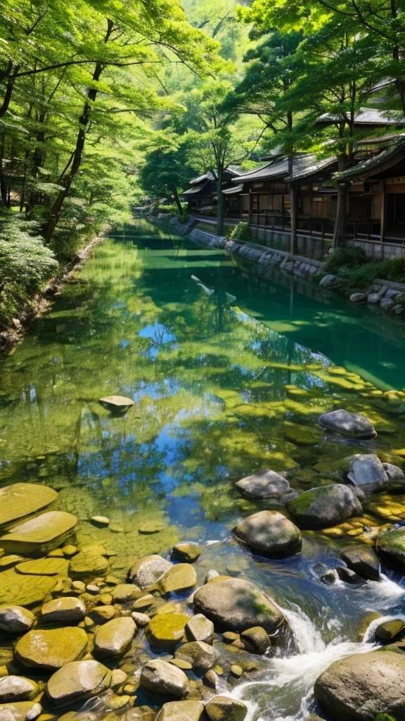 A riverbank with clear water and sunlight filtering through the trees in Mino City, Gifu Prefecture