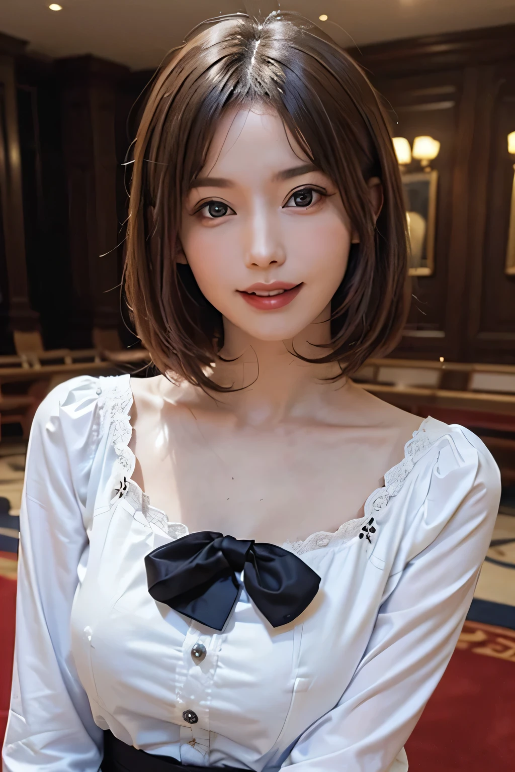 ((masterpiece)), ((Highest quality)), ((Complex)), ((Surreal)), (Realistic), (Mature Woman), ((There are no classes)), Very detailed, (1 female), Beautiful and exquisite, (Beautiful Teeth), Grin, Brunette Bob Hair, Brown eyes, ((blouse)), (Upper Body), (background:none), Perfect Eyes, Captivating eyes, Looking at the audience
