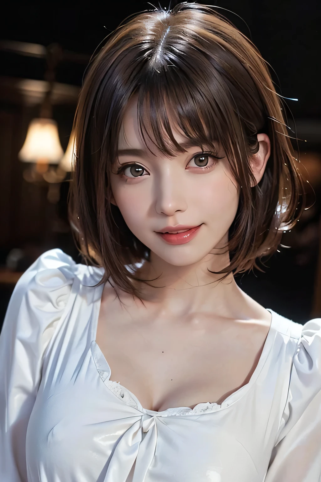 ((masterpiece)), ((Highest quality)), ((Complex)), ((Surreal)), (Realistic), (Mature Woman), ((There are no classes)), Very detailed, (1 female), Beautiful and exquisite, (Beautiful Teeth), Grin, Brunette Bob Hair, Brown eyes, ((blouse)), (Upper Body), (background:none), Perfect Eyes, Captivating eyes, Looking at the audience