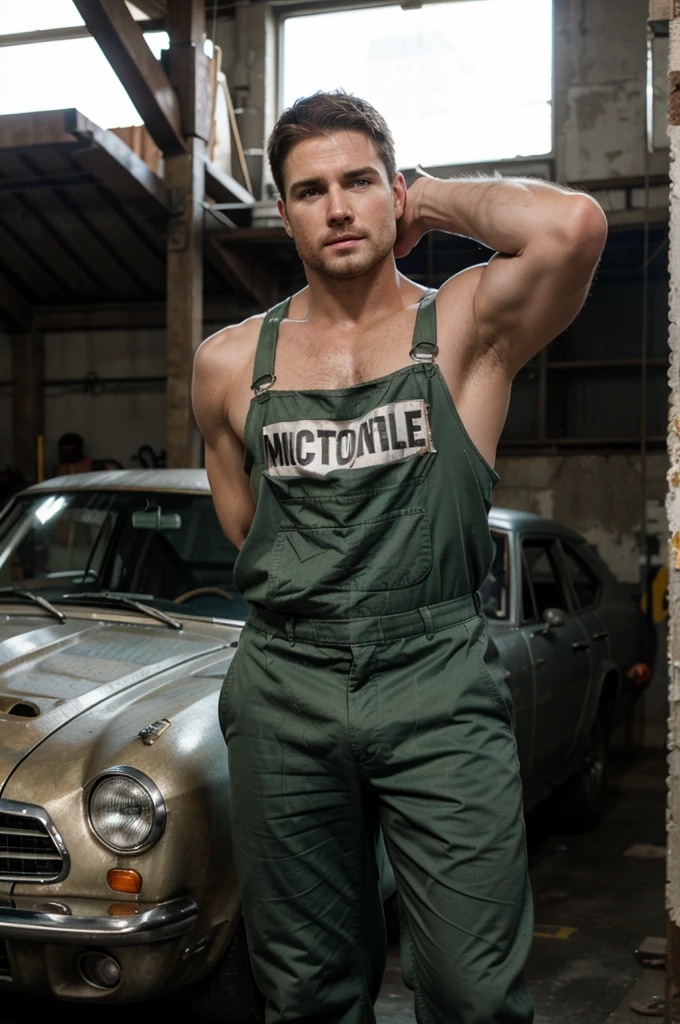 masterpiece , 32k , best quality ,very very detailed face , detailed fingers ,detailed hands, detailed eyes, 1man, hunk man,muscled and mature, stephen amell as a mechanic wearing totally unbuttoned overall, showing muscles , mechanic tools , sweating, tight cloth, , full body view , working on a car, background race cars ,workshop. Tools, .... car mechanical stuff