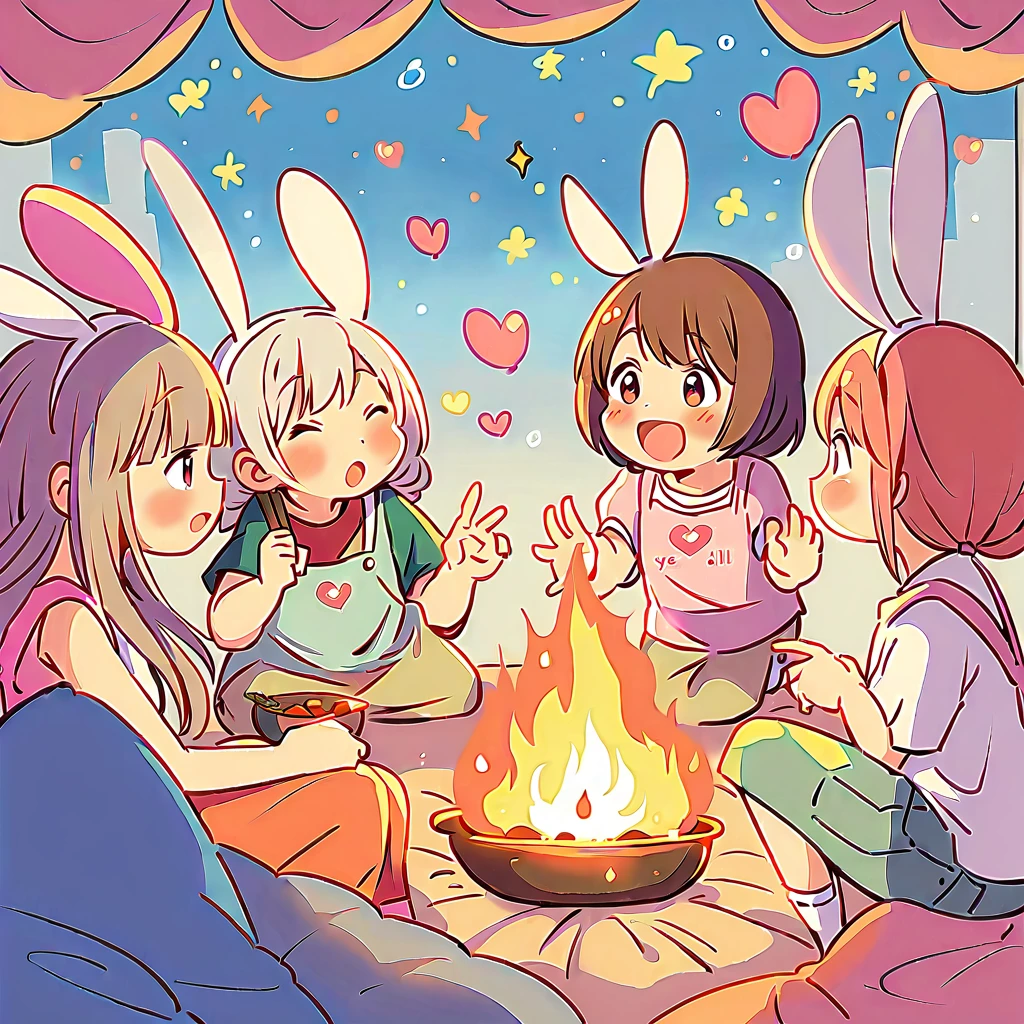 Simple Line Initialism,Abstract art,Urban Background, colorful hearts ,(((The most beautiful girl of all time))), On a bright red campus"YES"Character、beautiful illustration, best quality, cute girl, bedroom, pastel color, fluffy bunny ears, , silver long hair, alert! Alert! Gather around the warm and inviting theme of "Campfire" (キャンプファイヤー). Capture the glow of flickering flames and the camaraderie of people sharing stories, cooking, or simply enjoying the warmth together.