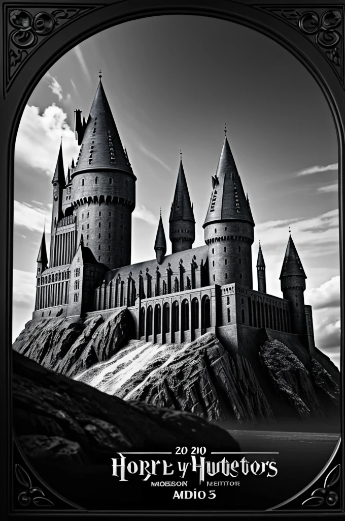 a wallpaper for my phone. the model is oppo a15 and the wallpaper size is 720x1600 pixels. the theme for that wallpaper is inspired by harry potter but don't make it to obvious. Keep it low key but I want all of the house to appear in that wallpaper but don't make it too big. the colour for is must only be in black and white. no need to put another colour into it except for the Hogwarts house logo. Put those logo in those original colour