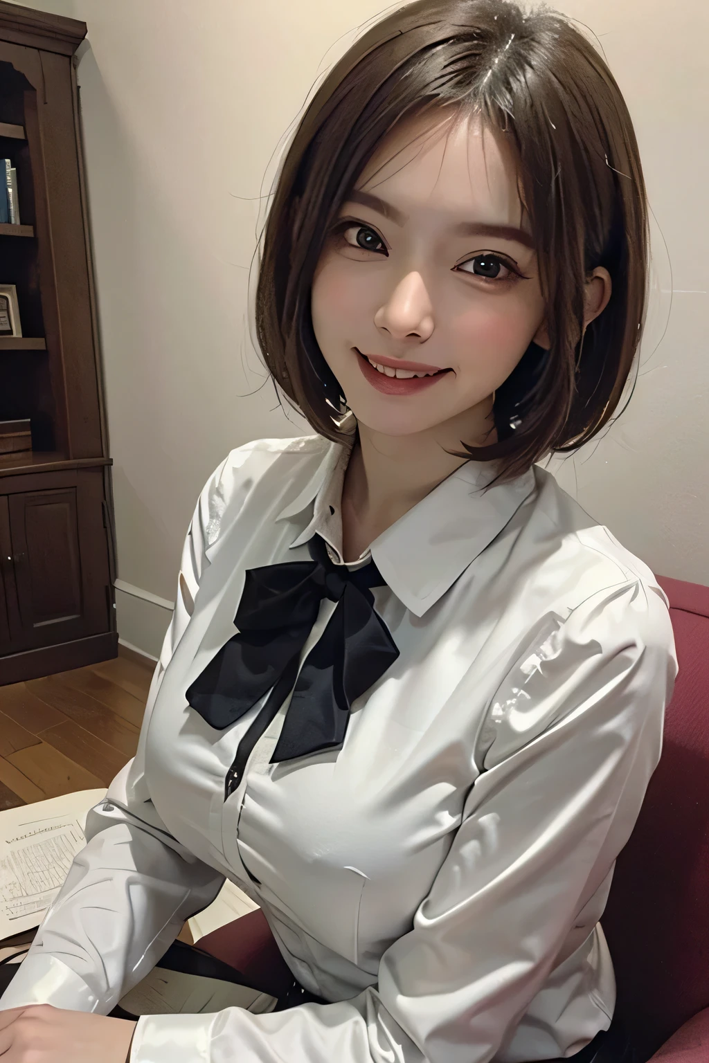 ((masterpiece)), ((Highest quality)), ((Complex)), ((Surreal)), (Realistic), (Mature Woman), ((There are no classes)), Very detailed, (1 female), Beautiful and exquisite, (Beautiful Teeth), Grin, Brunette Bob Hair, Brown eyes, ((blouse)), (Upper Body), (background:none), Perfect Eyes, Captivating eyes, Looking at the audience