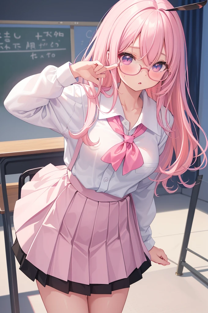 Pink hair, bangs, hair behind ear, very long hair, jewelry, earrings, masterpiece, textured skin, high details, best quality, Adult woman, high school teacher, wearing school girl uniform, plaid skirt, white mini thong, white thigh high socks, mature woman, good figure, sitting spreading her legs open alone in the classroom, in class,eyeglass