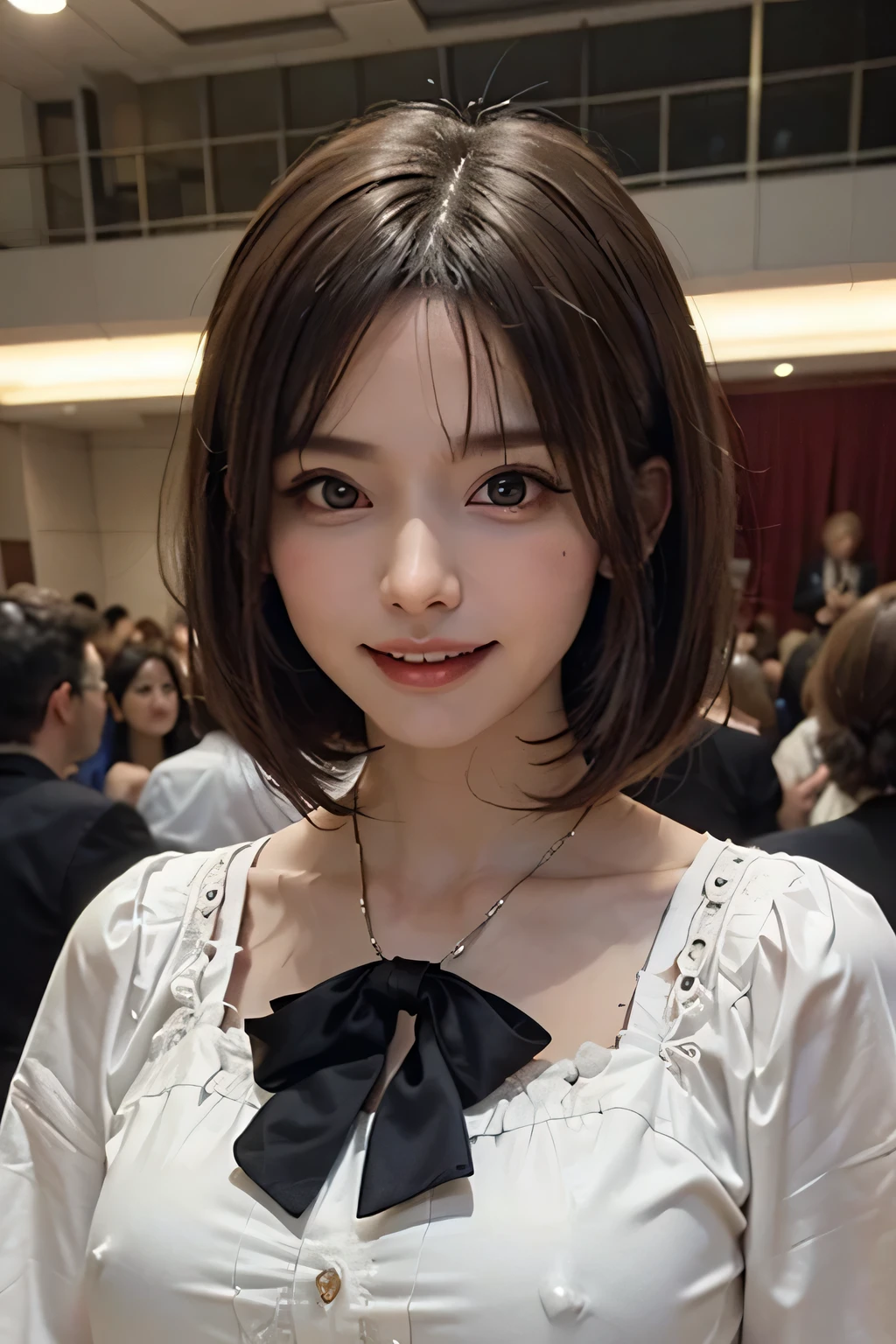 ((masterpiece)), ((Highest quality)), ((Complex)), ((Surreal)), (Realistic), (Mature Woman), ((There are no classes)), Very detailed, (1 female), Beautiful and exquisite, (Beautiful Teeth), Grin, Brunette Bob Hair, Brown eyes, ((blouse)), (Upper Body), (background:none), Perfect Eyes, Captivating eyes, Looking at the audience