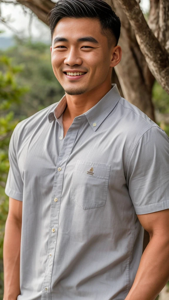 ((Highest quality, 8K, Masterpiece: 1.3))、Thailand Laos Burma Asia, Thai man, A handsome Asian rugby player with short hair, a muscular beard, and big muscles., １A man who has、 yo、Good appearance、Beautiful nose、smile、 Detailed eyes and face、beautiful light、(studio)、high resolution、（Look at the viewer.）、Fine mouth、smile、whole body: 1.5, perfect shape: 1.3, looking at camera ,Gray button-down shirt , bedroom sunlight looking at the sea
