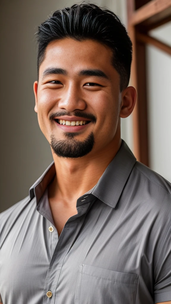((Highest quality, 8K, Masterpiece: 1.3))、Thailand Laos Burma Asia, Thai man, A handsome Asian rugby player with short hair, a muscular beard, and big muscles., 1A man who has、 yo、Good appearance、Beautiful nose、smile、 Detailed eyes and face、beautiful light、(studio)、high resolution、(Look at the viewer.)、Fine mouth、smile、whole body: 1.5, perfect shape: 1.3, looking at camera ,Gray button-down shirt , bedroom sunlight looking at the sea