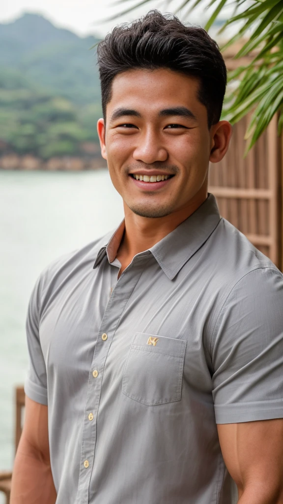 ((Highest quality, 8K, Masterpiece: 1.3))、Thailand Laos Burma Asia, Thai man, A handsome Asian rugby player with short hair, a muscular beard, and big muscles., １A man who has、 yo、Good appearance、Beautiful nose、smile、 Detailed eyes and face、beautiful light、(studio)、high resolution、（Look at the viewer.）、Fine mouth、smile、whole body: 1.5, perfect shape: 1.3, looking at camera ,Gray button-down shirt , bedroom sunlight looking at the sea
