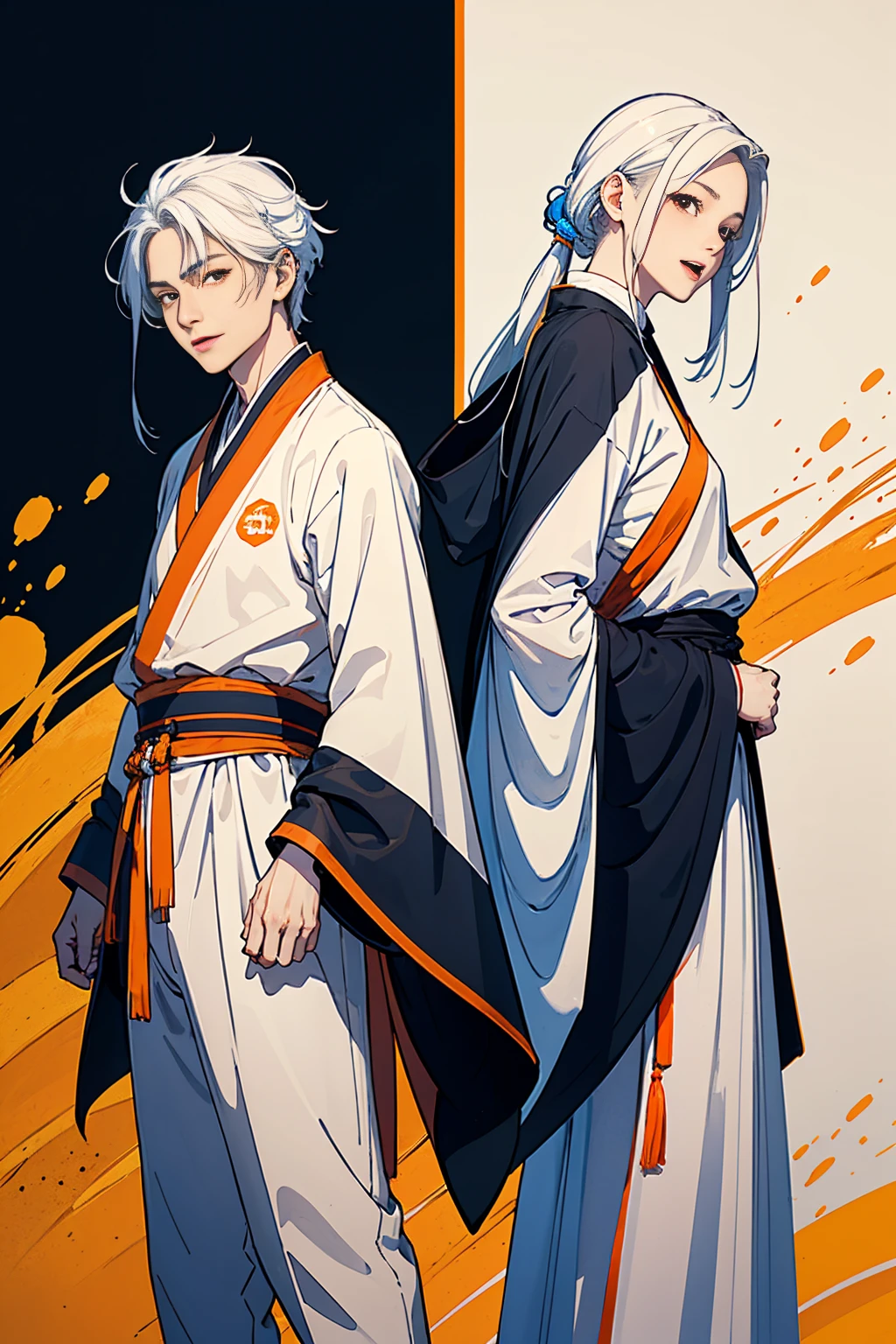 high quality , one white hair girl and one white hair boy, long hair, wuxia character, ((white clothes with blue and orange accent)), ink painting background, flat background, minimalist background, wind pattern background, smiling, standing back to back, white background, cinematic lingting, open mouth