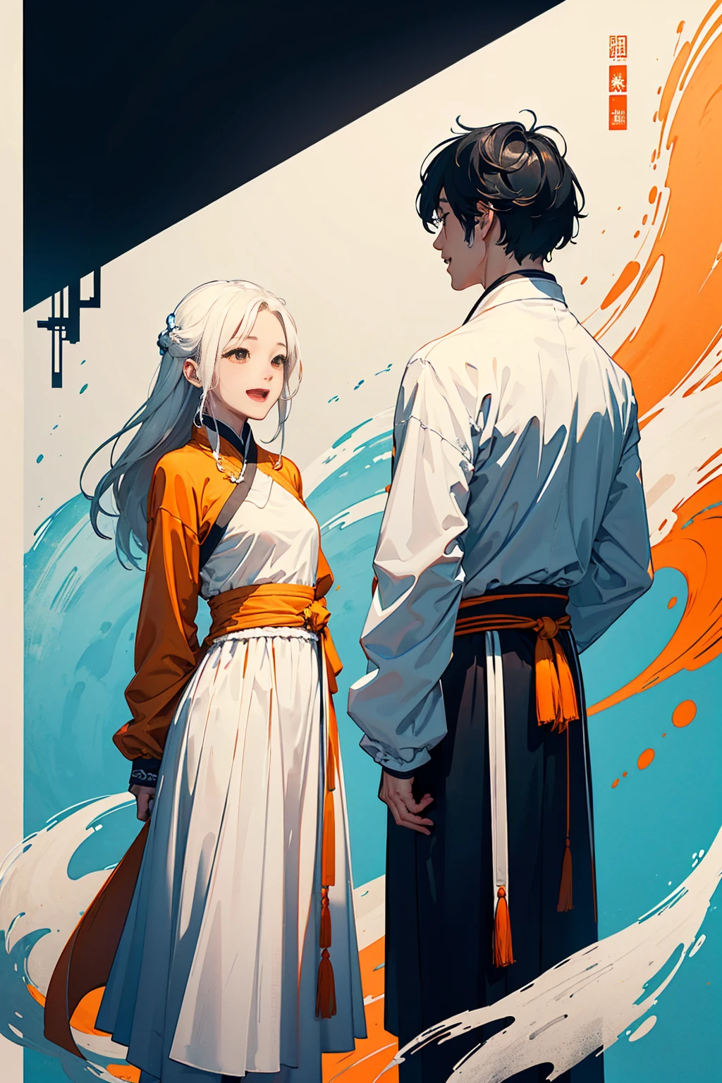high quality , one white hair girl and one white hair boy, long hair, wuxia character, ((white clothes with blue and orange accent)), ink painting background, flat background, minimalist background, wind pattern background, smiling, standing back to back, white background, cinematic lingting, open mouth