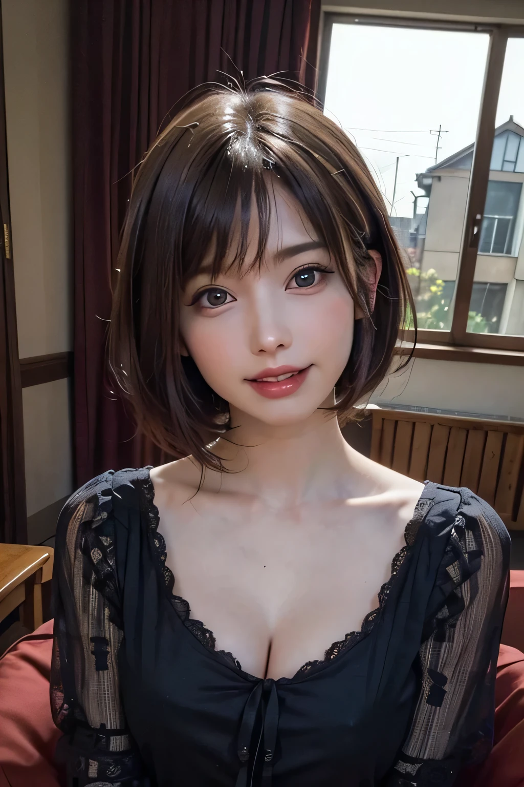 ((masterpiece)), ((Highest quality)), ((Complex)), ((Surreal)), (Realistic), (Mature Woman), ((There are no classes)), Very detailed, (1 female), Beautiful and exquisite, (Beautiful Teeth), Grin, Brunette Bob Hair, Brown eyes, ((blouse)), (Upper Body), (background:none), Perfect Eyes, Captivating eyes, Looking at the audience