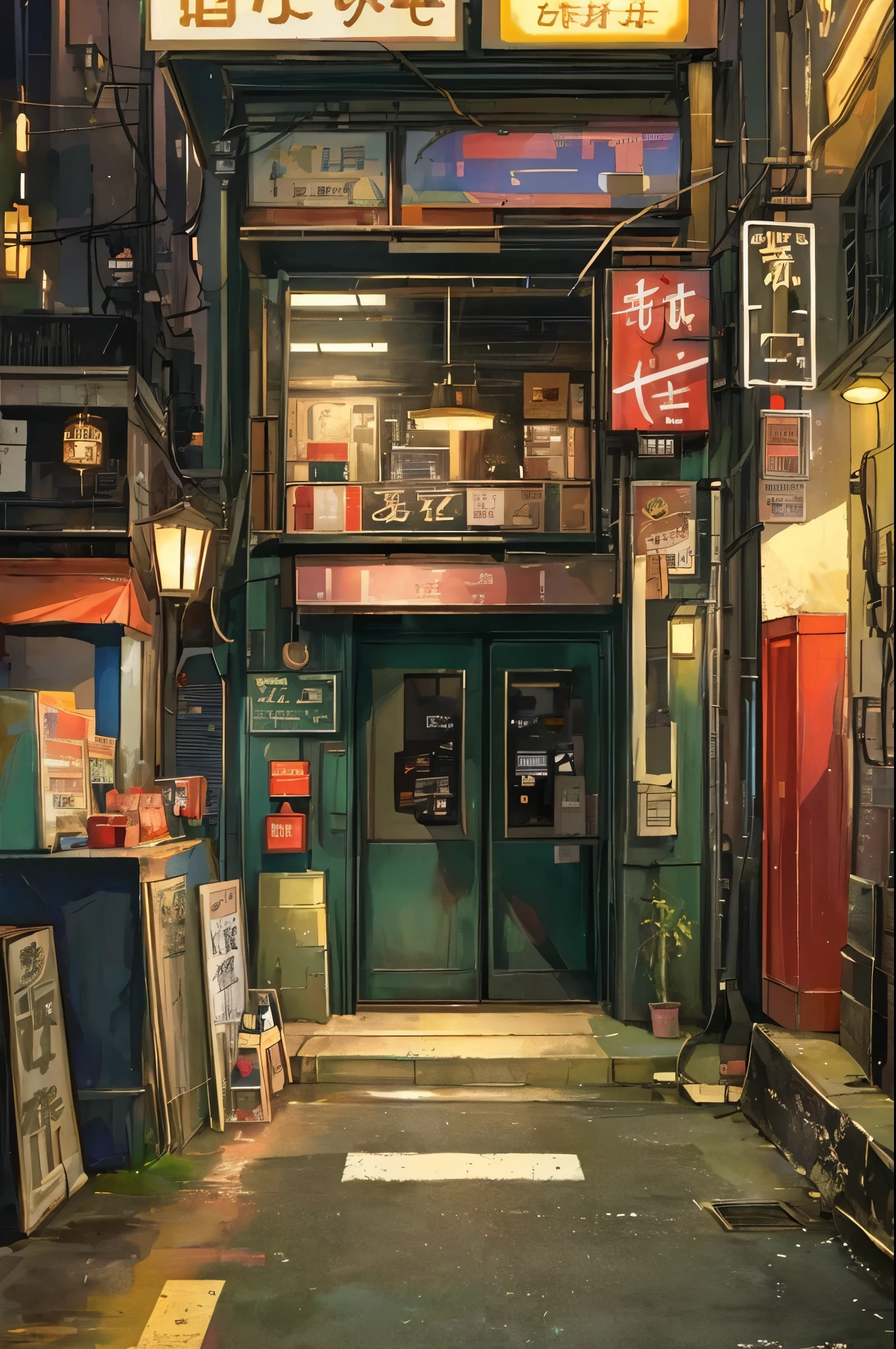 (masterpiece、Highest quality、Highest quality、Official Art、Beautiful and aesthetic:1.2)、Near future、Blade Runner、Slum Street、Late at night、Lo-fi Hip Hop、Cafe with small lights、Residential Street、silence、It's raining a little、人いない景色anime background, anime wallpaper, anime, anime style, praise, praise style, Modern Japanese streets, Mountain々, Uphill, Modern Japanese architecture, Japanese Convenience Stores, big retro japanese Store sign, Retro Japanese shop, wood, plant, rock, 植wood鉢, Store sign, Japanese Banner, Japanese Signs, flag, sunrise, Golden Hour, Golden lighting, Empty Streets, no one in sight, (no one: 1), Highest quality
