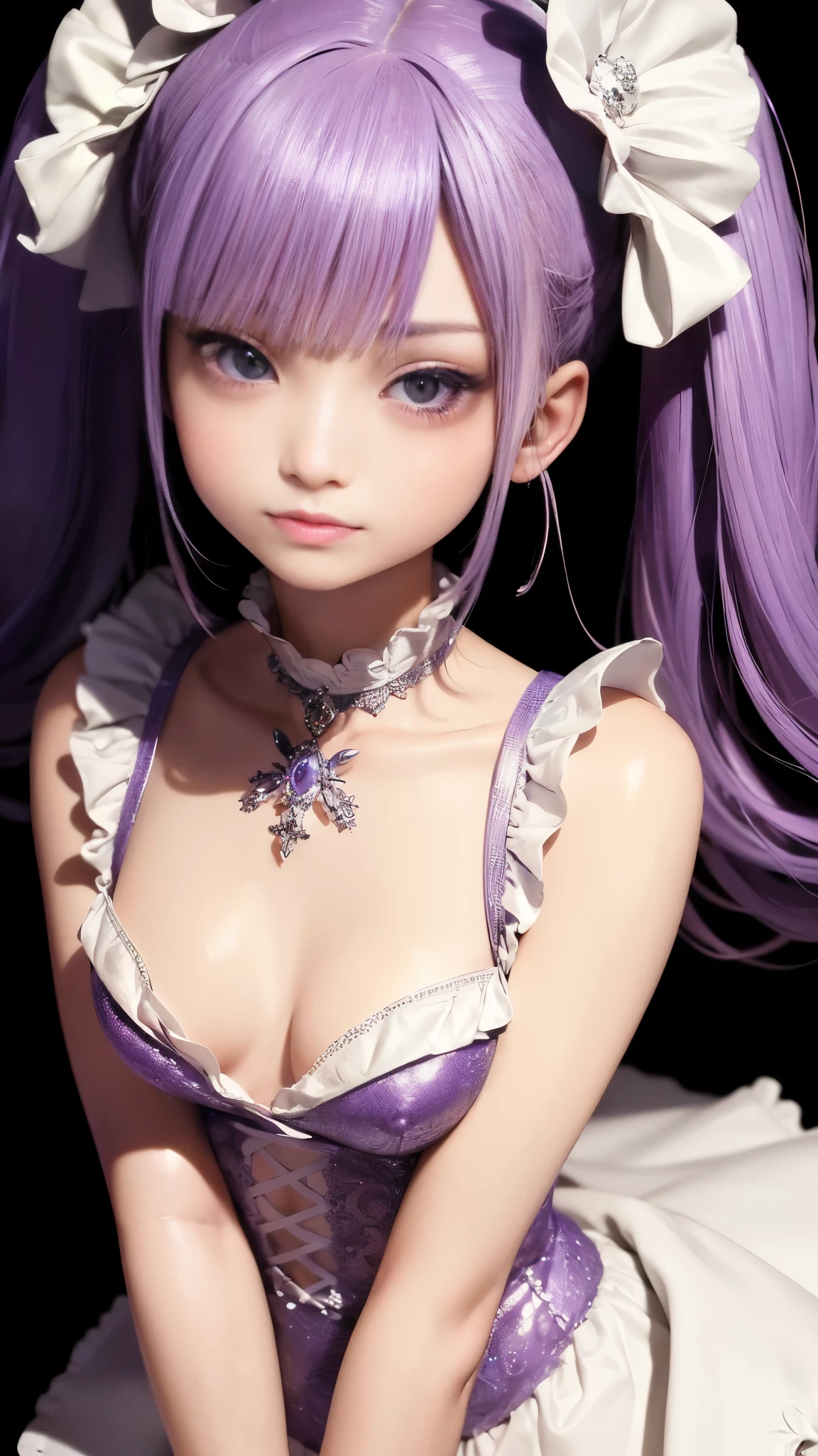 (NSFW), (Highest quality:1.3), (masterpiece:1.3), (figure:1.3), (Super detailed:1.3), (Intimate Shot:0.9), (One girl), (Alone), (Very young), (Upper Body), (Short neck), (Small breasts), (From the side), (From below), (Close-up), (Purple eyes), (Jewel-like eyes), (Very fine grain), (Highly detailed face), (Captivating smile:0.8), (Open your mouth:0.3), (Dress: 1.2), (Maid outfit), (Twin tails), (