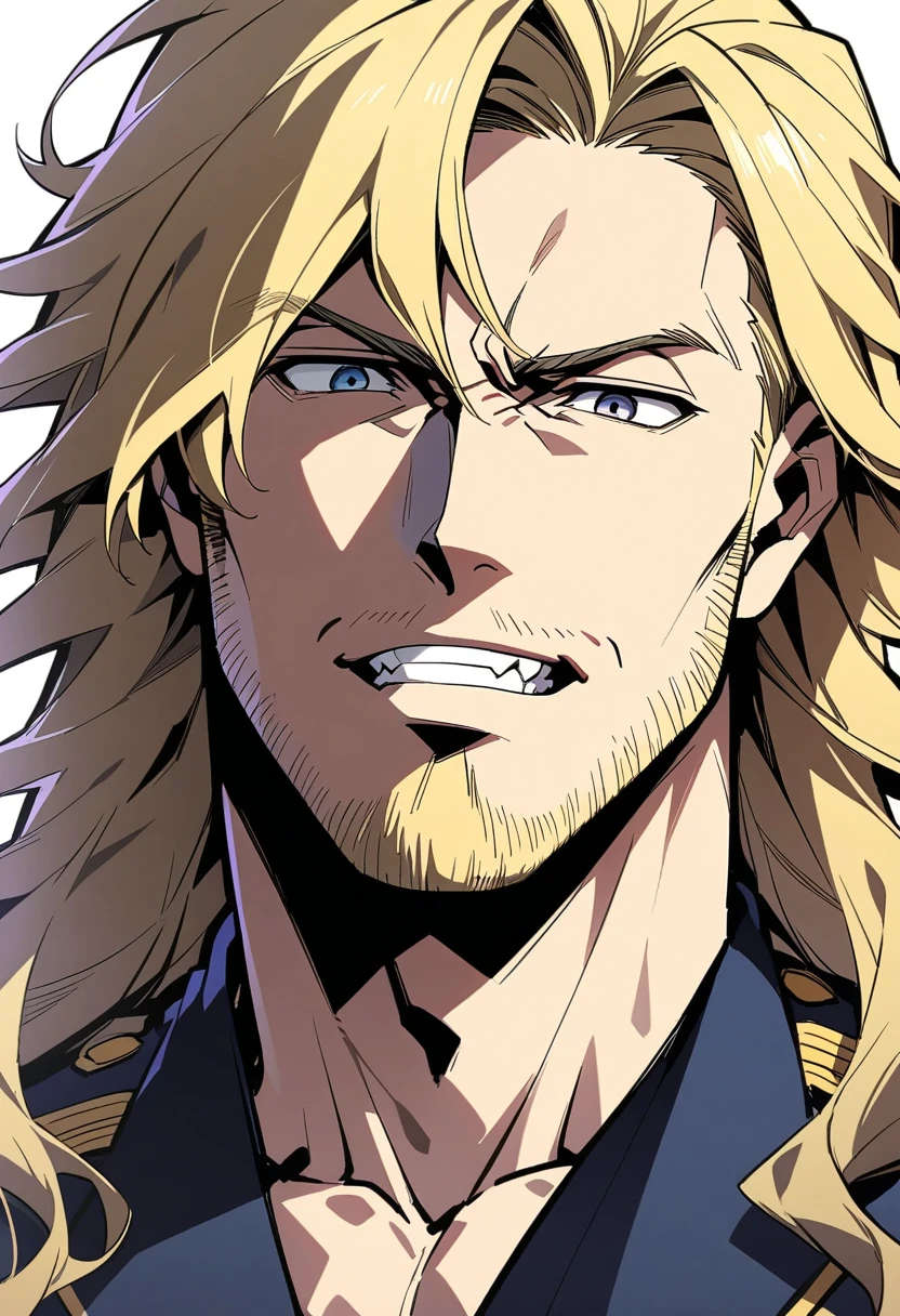 male, late 30s, ((blond, shoulder-length, middle-part wavy hair)), ((light-purple, deep-set, Sanpaku eyes)), slightly thick blond beard, aquiline and hooked nose, slightly underbite, chiseled, slightly long face, fearless expression, navy blue military uniform, portrait