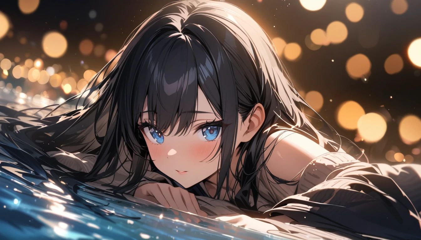 Full resolution, Highest quality, masterpiece, Full HD, Bokeh, particle Bokeh, Depth of written boundary, Beautiful girls, Very detailed, One girl, pretty girl, Black Hair, Long Hair, Blue water eyes