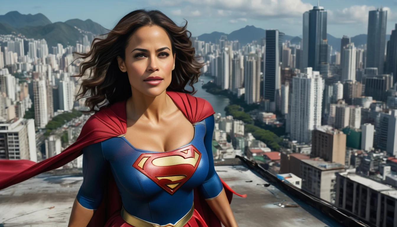 Paula Patton 2000s; Supergirl 1984s movie costume (seios grandes); saving the world; posição de levantar vôo; braços esticados para cima; taking off from a roof (worn clothes on the ground); floating towards the Lapa (Rio de Janeiro city) sky; HD. Photograph, ((realism)), extremely high quality RAW photograph, ultra detailed photograph, sharp focus, high resolution, (detailed skin:1,3),high quality, film grain, Fujifilm XT3,Highly Detailed, movie, (Cinematic Photo:1.3) of (Realistic:1.3). Super breasts.