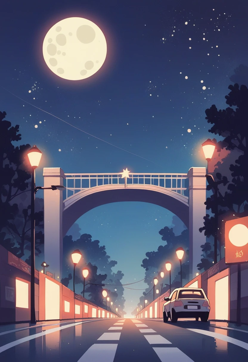 A car drives across a bridge at night, starry sky, moon