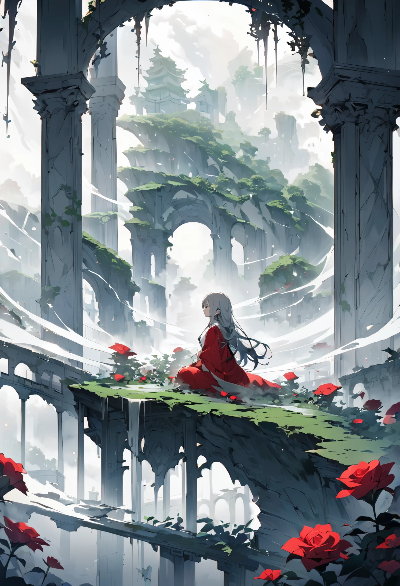 Poster Quality,Girl sitting on ruins、(The pillars are covered with ivy.々The red rose-like flowers bloom in:0.9)、(The whole place is covered in mist, creating a fantastical landscape.:1.5)