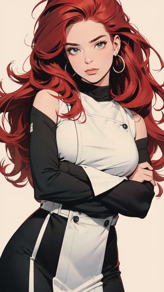 Wide shoulders, perfect hair, red hair, black uniform, Portrait, white rectangle in the background, ready to trim, no cut parts, White background, a girl who is a chef, masterpiece,extremely beautiful woman,Excellent sense,(((perfect very white background))),American Comics,(((The Perfect One Woman))),(((one person))),colorful,Highly detailed perfect upper body,highly detailed face,near future,SF,