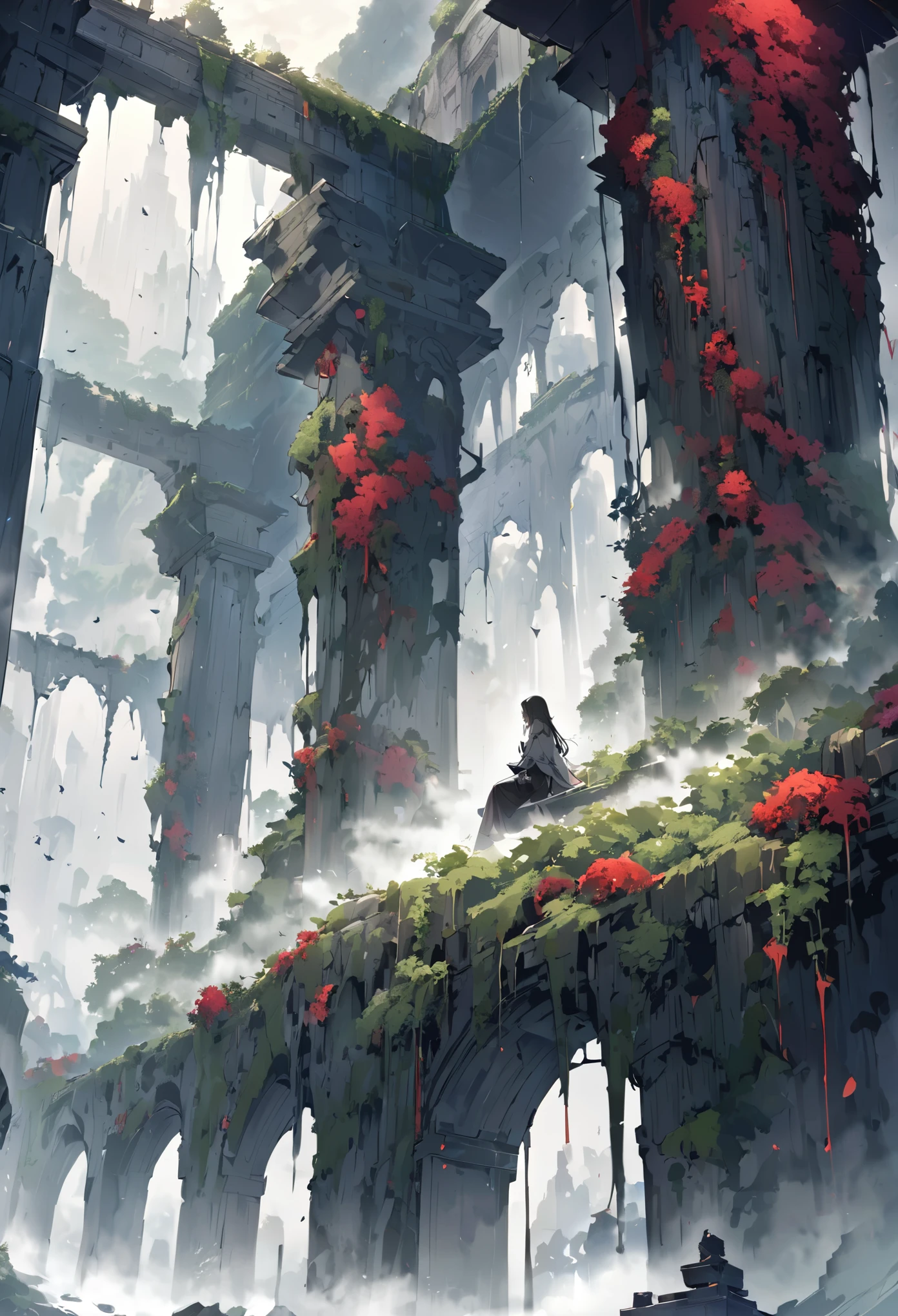 Poster Quality,Girl sitting on ruins、(The pillars are covered with ivy.々The red rose-like flowers bloom in:0.9)、(The whole place is covered in mist, creating a fantastical landscape.:1.5)