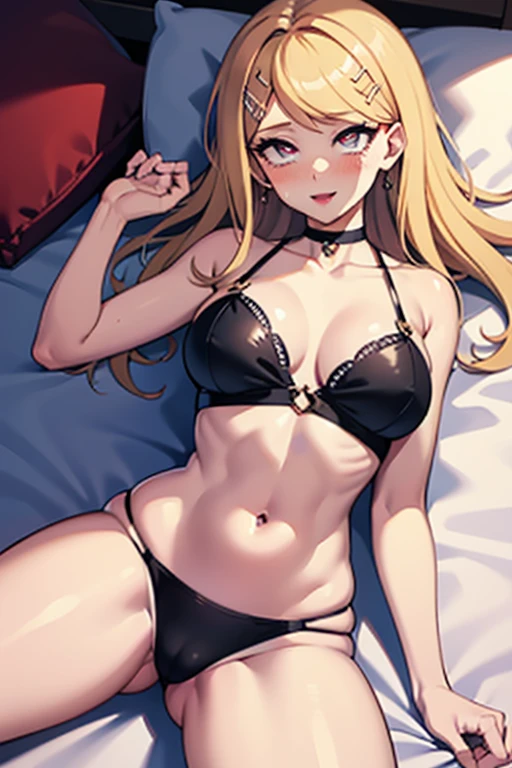 a hot seductive mature woman, kaede akamatsu, lying down in bed. she has a curvy but slim body, with lovely curves and long sexy legs. her skin is so smooth that it glows. her hair is long and blonde, and it's fluffy and messed up. her eyes and pink and sharp with long eyelashes. she's wearing a black bikini, as well as a pair of long black boots and a choker. her pose is seductive and alluring: she's lying with down on the bed while looking at the viewer. the viewer is in front of her and has a close up of her face from above. HD, very detailed picture