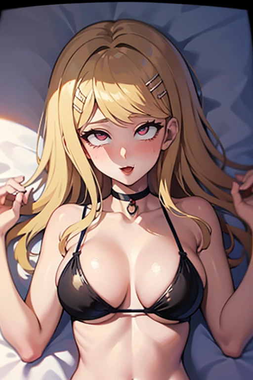 a hot seductive mature woman, kaede akamatsu, lying down in bed. she has a curvy but slim body, with lovely curves and long sexy legs. her skin is so smooth that it glows. her hair is long and blonde, and it's fluffy and messed up. her eyes and pink and sharp with long eyelashes. she's wearing a black bikini, as well as a pair of long black boots and a choker. her pose is seductive and alluring: she's lying with down on the bed while looking at the viewer. the viewer is in front of her and has a close up of her face from above. HD, very detailed picture