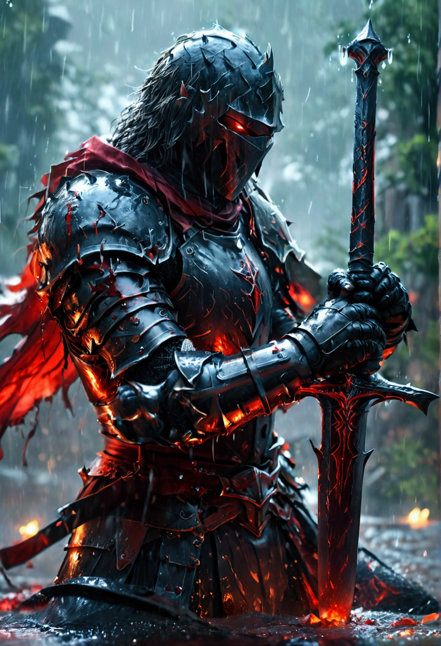 a close up of a person holding a sword in the rain, blood knight, fantasy knight, 8k high quality detailed art, badass anime 8 k, from arknights, evil knight, gothic knight, dark souls art style, arknights, fallen knight, knight armored in red, 4k fantasy art, epic fantasy digital art style, 8k fantasy art