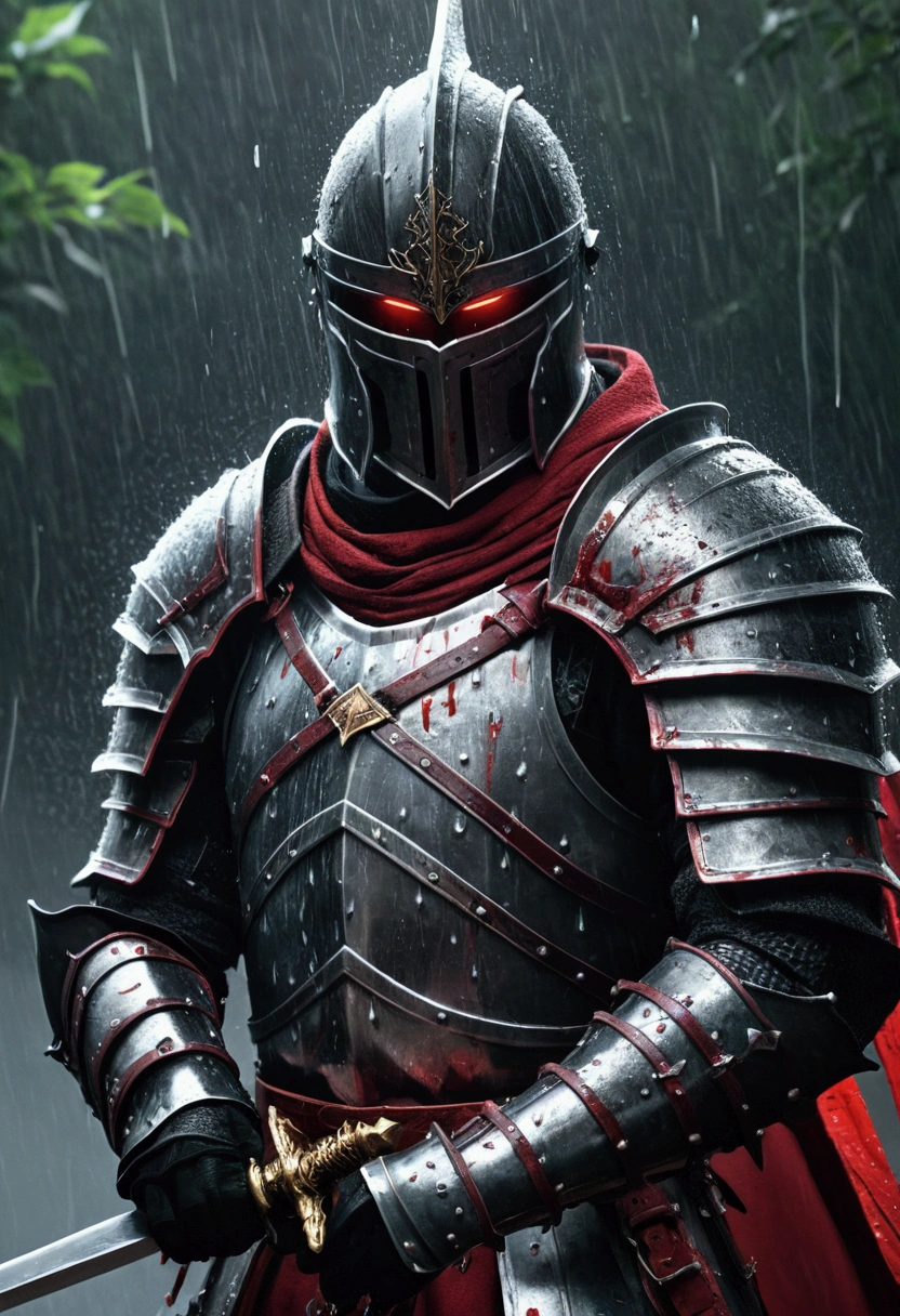 a close up of a person holding a sword in the rain, blood knight, fantasy knight, 8k high quality detailed art, badass anime 8 k, from arknights, evil knight, gothic knight, dark souls art style, arknights, fallen knight, knight armored in red, 4k fantasy art, epic fantasy digital art style, 8k fantasy art