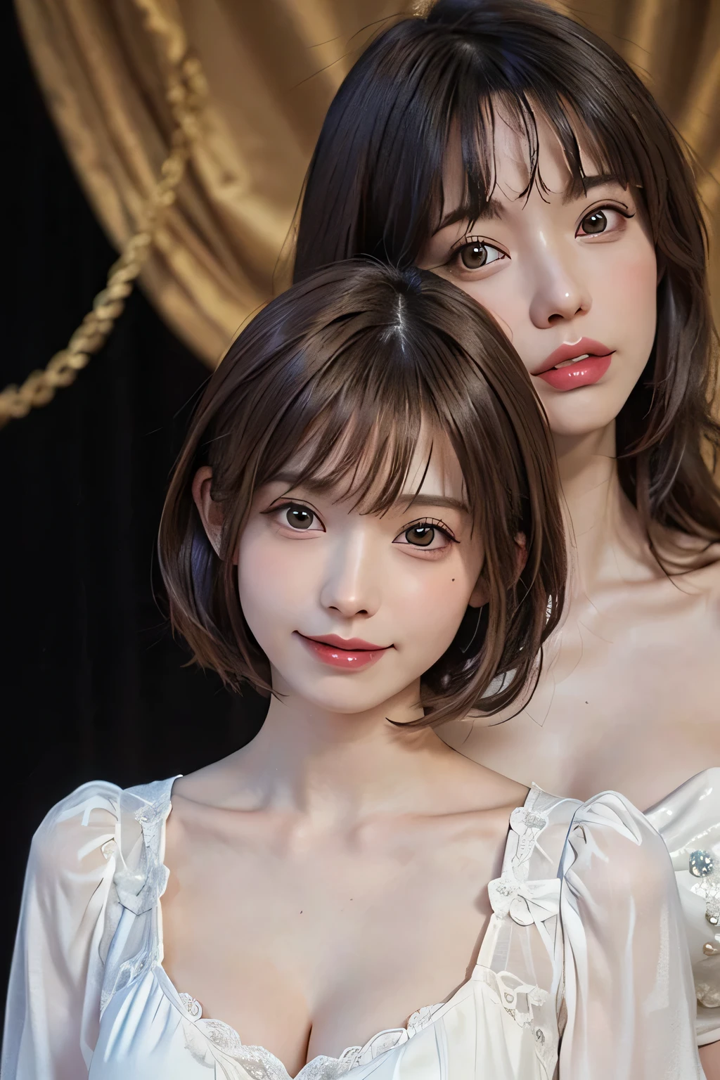 ((masterpiece)), ((Highest quality)), ((Complex)), ((Surreal)), (Realistic), (Mature Woman), ((There are no classes)), Very detailed, (1 female), Beautiful and exquisite, (Beautiful Teeth), Grin, Brunette Bob Hair, Brown eyes, ((blouse)), (Upper Body), (background:none), Perfect Eyes, Captivating eyes, Looking at the audience