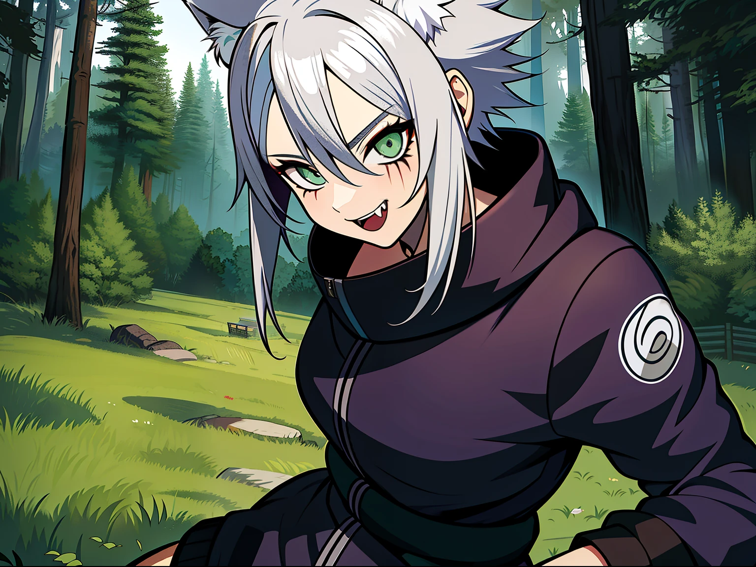 SFW, ultra 4k hd, absurdres, anime, naruto, white hair, lavender hair, gray hair, silver hair, neko, green eyes, ninja, short hair, chubby, medium breasts, messy hair, gray hair, cat ears, catgirl, nekomimi, cat tail, forehead protector, kunoichi, hair between eyes, silver hair, anime style, fullbody, eye scar, fangs, 1girl, naruto shippuden, solo, baggy clothes, alone, forest, village, 1fang, cloak, fishnets, v bangs, bangs, fluffy, dark clothes, purple clothes, clothing design, ninja fashion, light eyes, scar over eye, light green eyes, scars, hood, hood down, hood off, ((best quality:1), (masterpiece:1), (ultra-detailed:1):1.3), cinematic lighting, detailed background, detailed, absurd detail, ahoge, half updo hairstyle, dynamic lighting, (detailed background:1), sidetails, long side locks