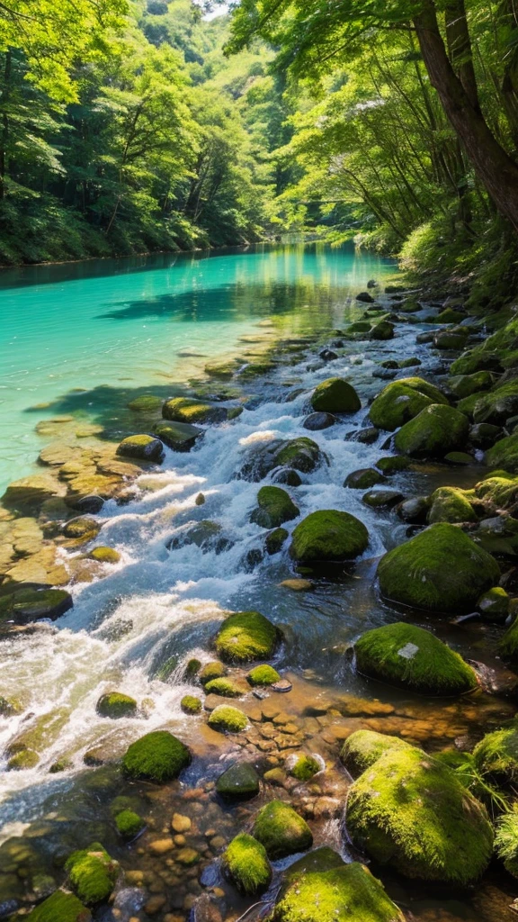 A riverbank in the forest on the riverbank with clear water and sunlight filtering through the trees in Mino City, Gifu Prefecture