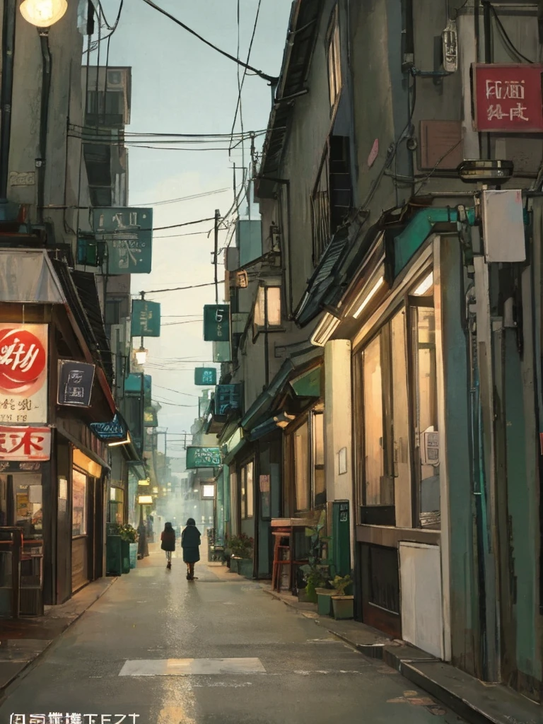 (masterpiece、Highest quality、Highest quality、Official Art、Beautiful and aesthetic:1.2)、Near future、Blade Runner、Slum Street、Late at night、Lo-fi Hip Hop、Cafe with small lights、Residential Street、silence、It&#39;s raining a little、人いない景色anime background, anime wallpaper, anime, anime style, praise, praise style, Modern Japanese streets, Mountain々, Uphill, Modern Japanese architecture, Japanese Convenience Stores, big retro japanese Store sign, Retro Japanese shop, wood, plant, rock, 植wood鉢, Store sign, Japanese Banner, Japanese Signs, flag, sunrise, Golden Hour, Golden lighting, Empty Streets, no one in sight, (no one: 1), Highest quality