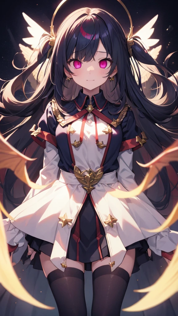 Highest quality, Very detailed,One Girl, alone, {cure_null_hirogarunullprecure:1.15}, Dark blue hair, Red eyes, Crimson flames in your eyes, Long Hair, Twin tails, Magical girl, bangs, Open your mouth, Redhead, multicoloRedhead, One Girl, blunt bangs, Darken your clothes, hair ornaments, Wicked Smile, devilish aura (Shiny fabric:1.5), Full Body Shot, Purple Gemstone, attractive, blush, (Beautiful attention to detail:1.6), Very detailed顔, Perfect lighting, Extremely detailed CG, (Perfect hands, Perfect Anatomy), devil, Red and black color scheme, Shiny material, Grin, blackリボン, blackのサテン手袋, Evil clover leaf ornament, blackのフリル, jewelry, corruption, Latex Gloss, blackのゴシックマント, Wicked Smile, 背景を暗blackの世界, Red Moon, cloudy null, CG Style, One-sided black wing,Dark shadowed face,Sadistic smile,Malice,Contempt,smile,black