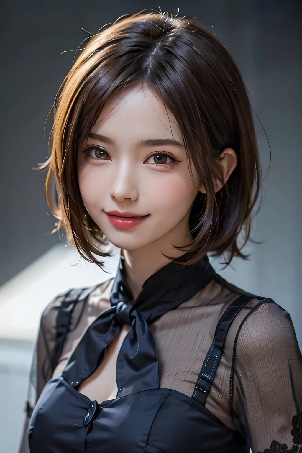 ((masterpiece)), ((Highest quality)), ((Complex)), ((Surreal)), (Realistic), (Mature Woman), ((There are no classes)), Very detailed, (1 female), Beautiful and exquisite, (Beautiful Teeth), Grin, Brunette Bob Hair, Brown eyes, ((blouse)), (Upper Body), (background:none), Perfect Eyes, Captivating eyes, Looking at the audience
