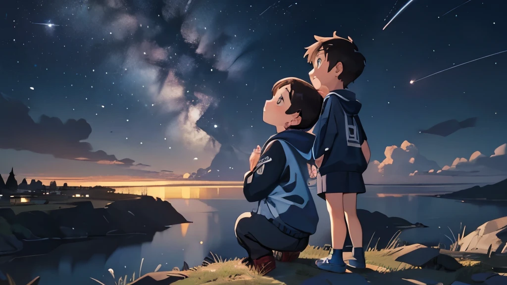 2 male and female Children (1 boy in navy blue hoodie,  and girl in light blue jacket) looking up at the Milky Way, One shooting star, Summer night sky, celestial, wallpaper, 4k, scenery, boy and girl