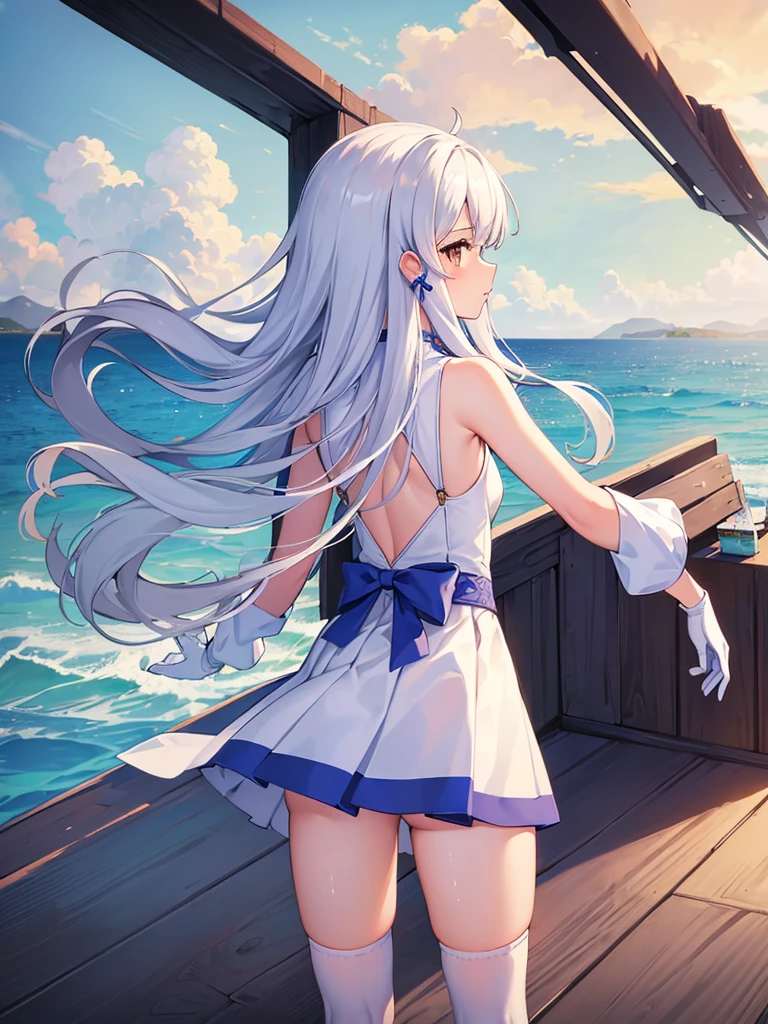 ((Highest quality)), ((masterpiece)), ((One girl)), alone, ferry, ((Long Hair)), ferryBase, ((Knee socks)), Bare shoulders, ((jewelry)), ((No sleeve)), White Dress, Blue Skirt, ((gloves)), Up to the thighs, From behind.