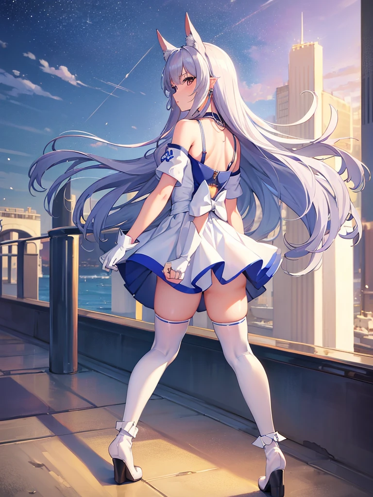 (1 girl),(high quality), (High resolution), (extremely detailed), (8K),(lower body shot),(3CG),(A high school girl wearing a magician's uniform),(wearing black knee-high stockings)not wearing shoes,perfect writing,(Beautifully erect nipple shape),High resolutionの美しい目,(neutral white lighting:1.2),Facing back and sticking out your buttocks