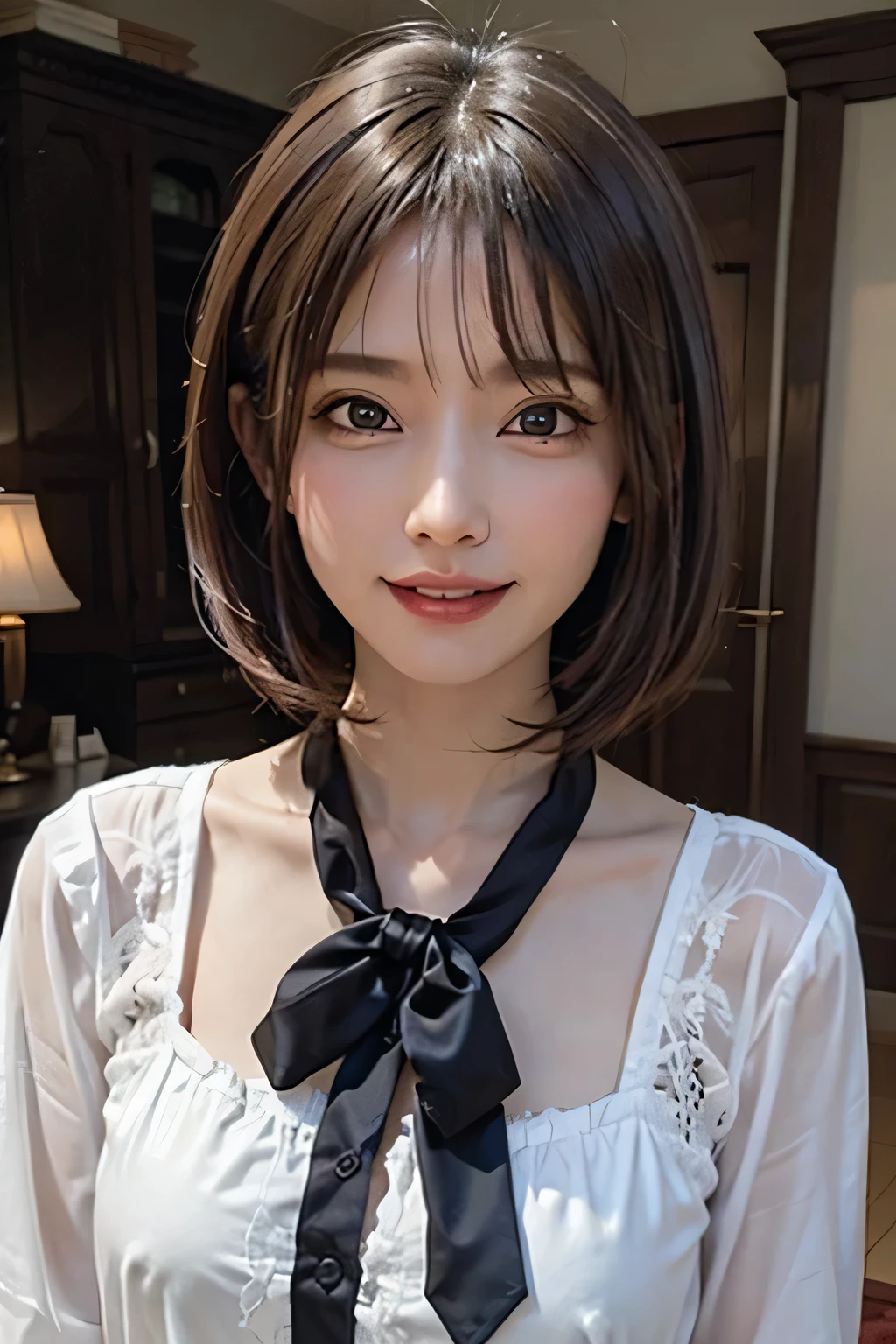 ((masterpiece)), ((Highest quality)), ((Complex)), ((Surreal)), (Realistic), (Mature Woman), ((There are no classes)), Very detailed, (1 female), Beautiful and exquisite, (Beautiful Teeth), Grin, Brunette Bob Hair, Brown eyes, ((blouse)), (Upper Body), (background:none), Perfect Eyes, Captivating eyes, Looking at the audience