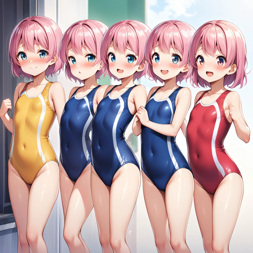 Pink Hair、Five elementary school girls line up in a row wearing school swimsuits、Blushing、Hold your groin、smile