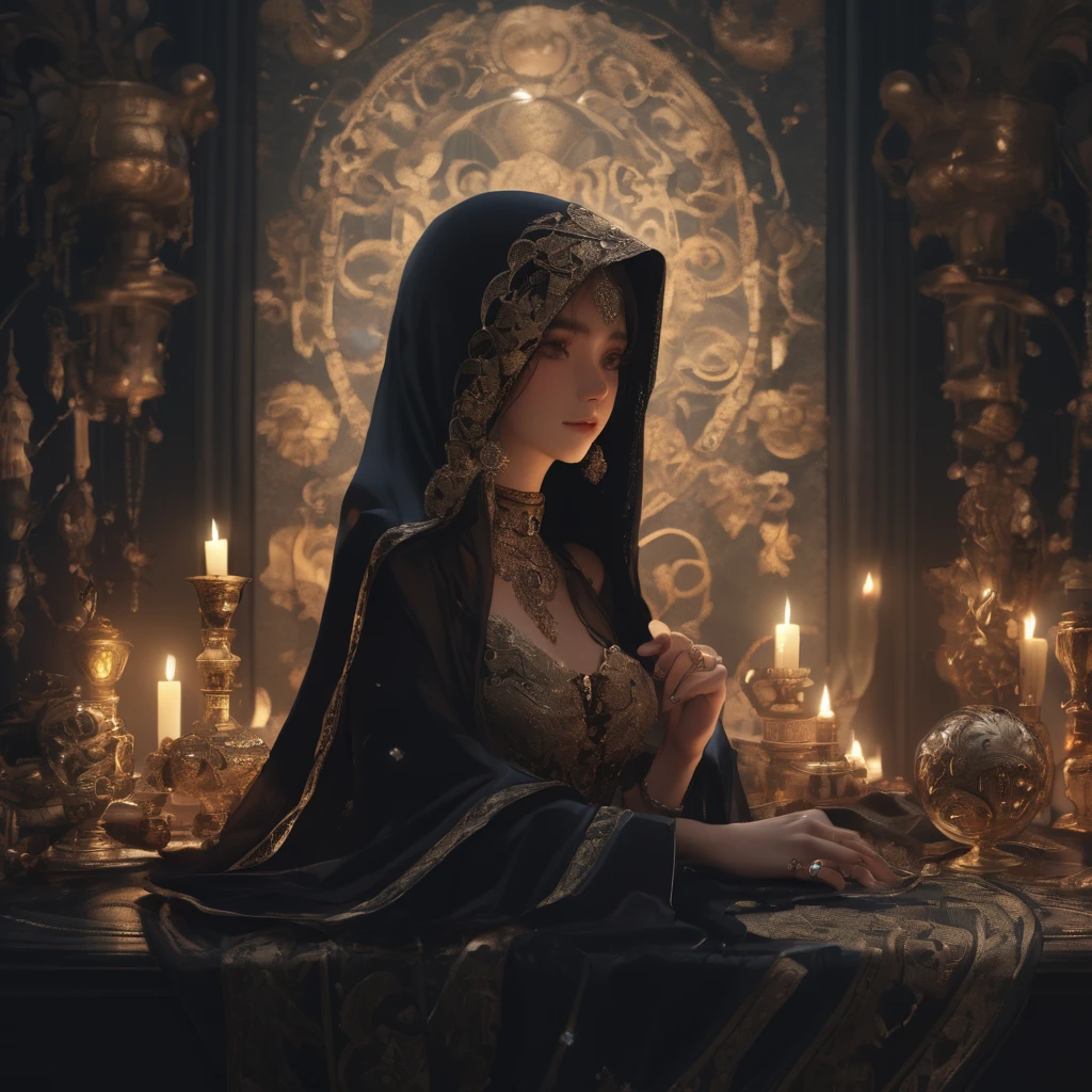 quality\(8K,非常に精細なCGユニットのwallpaper, masterpiece,High resolution,top-quality,top-quality real texture skin,Surreal,Increase the resolution,RAW Photos,最高quality,Very detailed,wallpaper,Cinema Lighting,Ray-tracing,Golden Ratio\), break ,alone,One girl\(astrologer,Arabic, A face hidden in the dark shadows,(Face Veil:1.7),Dark Skin, Shiny skin, Cleavage, Put your head on_scarf\(shawl\),Wearing Bedler\(stomach_Dance Dresses\), Crystal Jewelry, smiling mouth under Face Veil, Black Hair, Long Hair, Wavy Hair, bracelet, necklace, Earrings), break ,background\((Very dark:1.4),Many items\((Tarot_card:1.3),Big beautiful crystal ball, pendulum, pendulum board, astrolabe, candlestick\(Candles\)\) On the table, Glowing runes floating in the air, Dark Sky\(Lots of shining stars\(Zodiac\)\)\),(Long Shot),(Wide Shot),From below