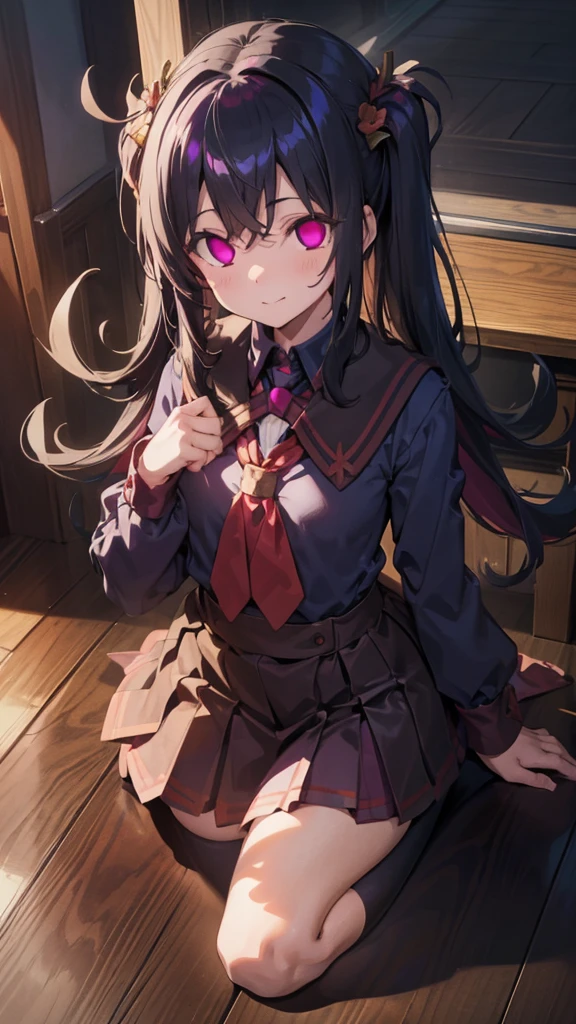 Highest quality, Very detailed,One Girl, alone, {cure_null_hirogarunullprecure:1.15}, Dark blue hair, Red eyes, Crimson flames in your eyes, Long Hair, Twin tails, Magical girl, bangs, Open your mouth, Redhead, multicoloRedhead, One Girl, blunt bangs, Darken your clothes, hair ornaments, Wicked Smile, devilish aura (Shiny fabric:1.5), Full Body Shot, Purple Gemstone, attractive, blush, (Beautiful attention to detail:1.6), Very detailed顔, Perfect lighting, Extremely detailed CG, (Perfect hands, Perfect Anatomy), devil, Red and black color scheme, Shiny material, Grin, blackリボン, blackのサテン手袋, Evil clover leaf ornament, blackのフリル, jewelry, corruption, Latex Gloss, blackのゴシックマント, Wicked Smile, 背景を暗blackの世界, Red Moon, cloudy null, CG Style, One-sided black wing,Dark shadowed face,Sadistic smile,Malice,Contempt,smile,black