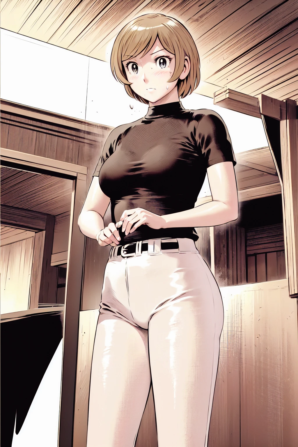 (野球uniform:1.2),
blonde, (short hair:1.2),Long sleeve, Black Shirt, turtleneck,White trousers、uniform、Black belt、((People illustrations))、big 、
View your audience,, (Highest quality:1.3),One Girl, White pants、uniform、Outdoor、baseball ground、ground、soil、blue eyes、Tight black shirt、(masterpiece、Highest quality)、Highest quality, Ultra-high resolution, (((masterpiece))), alone, Sweat、big eyes、big Breasts、Torn clothes、 Fully exposed、Nipples、One Girl, Front view、Embarrassed face、Bronze colored hair、((short hair))、Stand up straight、Cowboy Shot