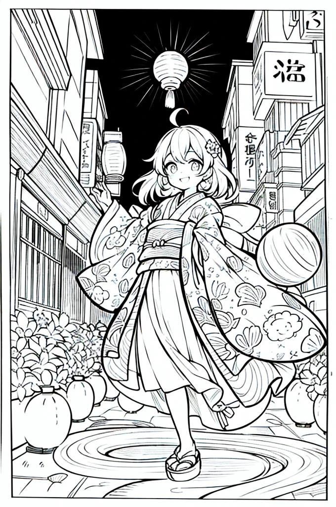 As a coloring book, the color should be black and white, the border should be simple, clear, and bold. A bubbly Asian girl with a contagious smile is enjoying a lively [matsuri festival] in the bustling streets of Tokyo. She is wearing a festive [kimono with goldfish pattern], the vibrant colors blending with the energy of the crowd. The girl's hands are clapping to the rhythm of the music, and her hair is adorned with a colorful [hair ornament]. The festival lanterns and street decorations provide a festive backdrop for the coloring book illustration.
